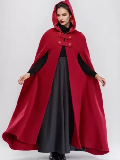 Manteau cape maxi en mélange de laine avec capuche bordeaux poncho pleine longueur vêtements d'extérieur surdimensionnés pour femmes 2026