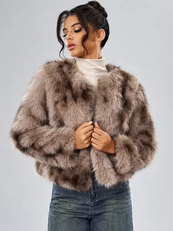 Manteau Court Col Rond En Fausse Fourrure Veste Décontractée Blanc Femme