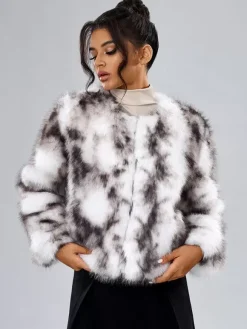 Manteau Court Col Rond En Fausse Fourrure Veste Décontractée Blanc Femme
