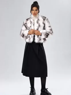 Manteau Court Col Rond En Fausse Fourrure Veste Décontractée Blanc Femme