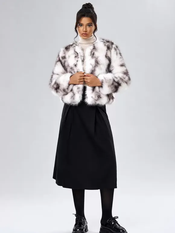 Manteau Court Col Rond En Fausse Fourrure Veste Décontractée Blanc Femme