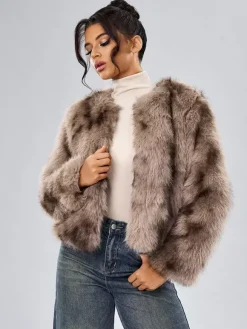 Manteau Court Col Rond En Fausse Fourrure Veste Décontractée Blanc Femme