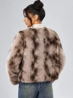 Manteau Court Col Rond En Fausse Fourrure Veste Décontractée Blanc Femme
