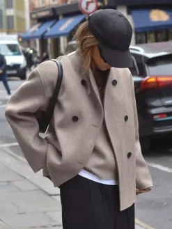 Manteau court croisé pour femme - Vêtement d'extérieur minimaliste à col montant et coupe carrée - Style streetwear printemps 2026 esthétique riche et classique