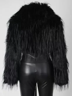 Manteau court en fausse fourrure à franges et col en V pour femme 2026