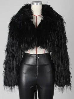 Manteau court en fausse fourrure à franges et col en V pour femme 2026