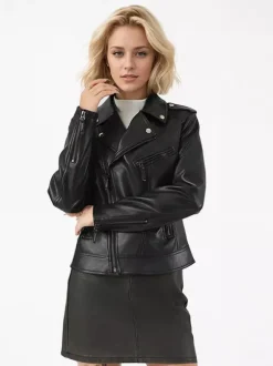 Manteau de motard en cuir rétro à rivets sur les épaules fermeture éclair asymétrique manches longues slim