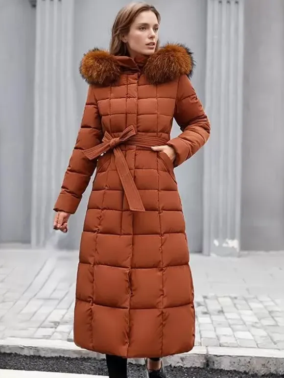 Manteau d'hiver à capuche avec col en fausse fourrure amovible et ceinture pour femme