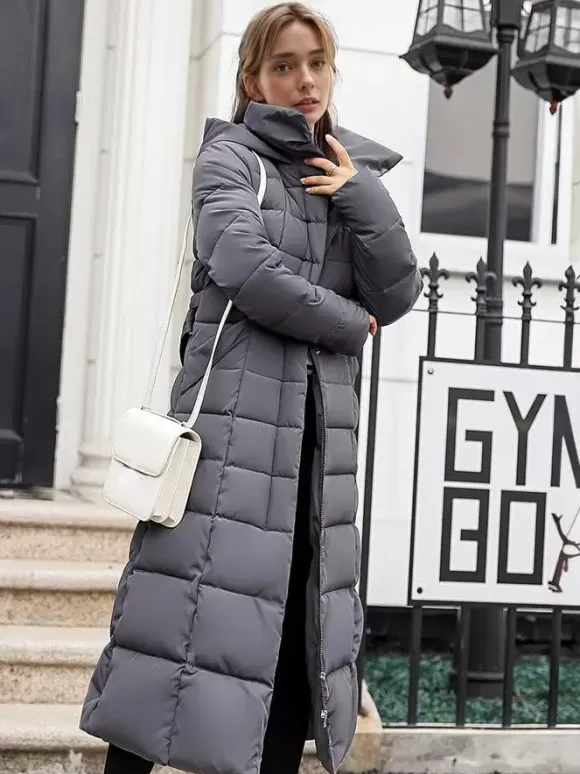 Manteau d'hiver à capuche avec col en fausse fourrure amovible et ceinture pour femme