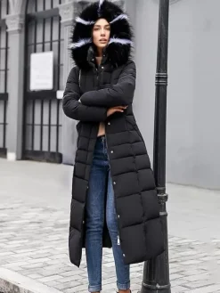 Manteau d'hiver à capuche avec col en fausse fourrure amovible et ceinture pour femme