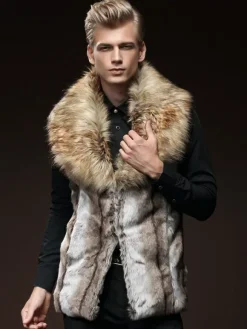 Manteau d'hiver à col taie d'oreiller en fourrure gilet en fausse fourrure pour homme
