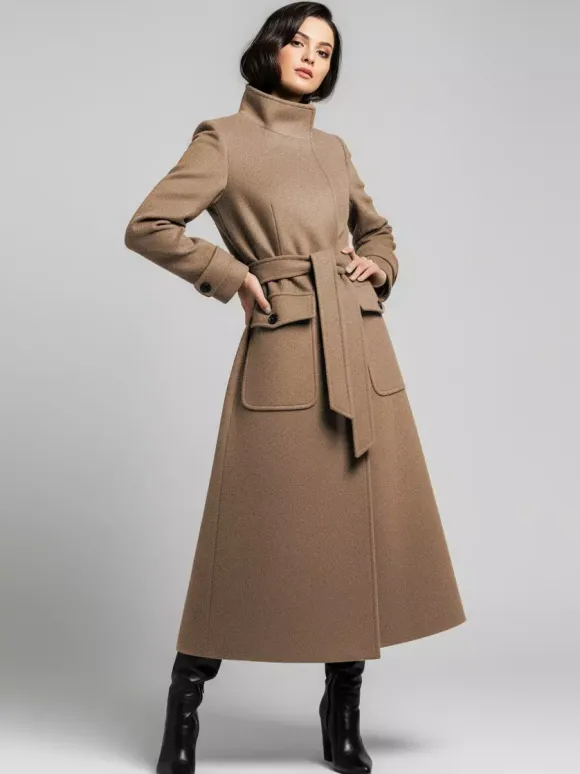 Manteau d'hiver long en laine à col montant et ceinture avec poches fonctionnelles pour femme 2026
