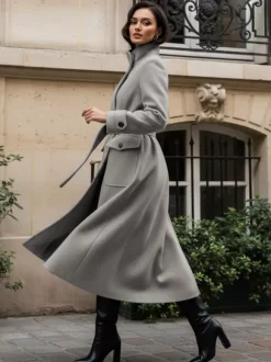 Manteau d'hiver long en laine à col montant et ceinture avec poches fonctionnelles pour femme 2026