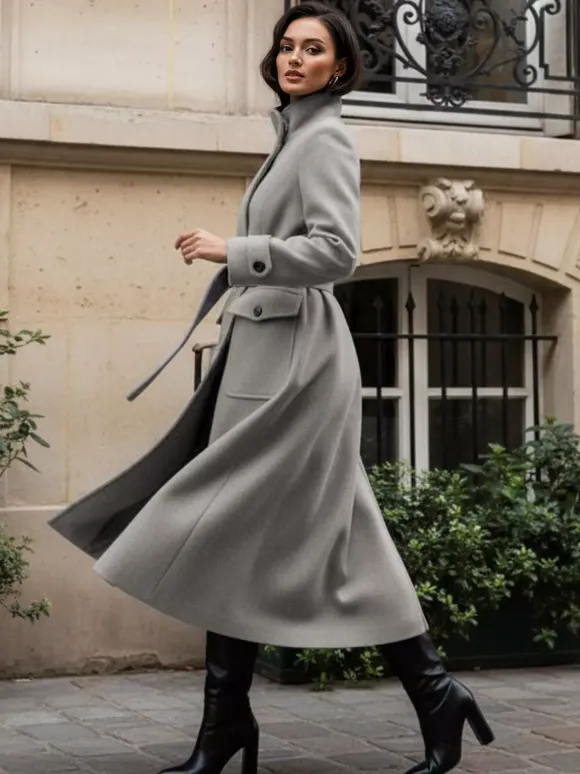 Manteau d'hiver long en laine à col montant et ceinture avec poches fonctionnelles pour femme 2026