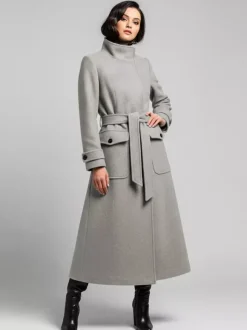 Manteau d'hiver long en laine à col montant et ceinture avec poches fonctionnelles pour femme 2026