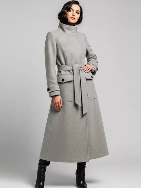 Manteau d'hiver long en laine à col montant et ceinture avec poches fonctionnelles pour femme 2026