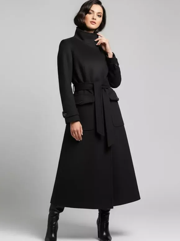 Manteau d'hiver long en laine à col montant et ceinture avec poches fonctionnelles pour femme 2026