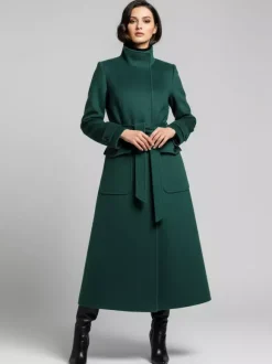 Manteau d'hiver long en laine à col montant et ceinture avec poches fonctionnelles pour femme 2026