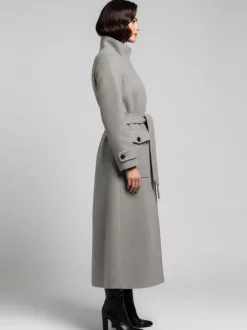 Manteau d'hiver long en laine à col montant et ceinture avec poches fonctionnelles pour femme 2026