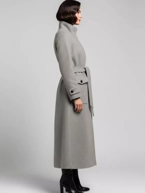Manteau d'hiver long en laine à col montant et ceinture avec poches fonctionnelles pour femme 2026