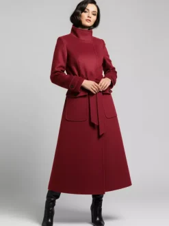 Manteau d'hiver long en laine à col montant et ceinture avec poches fonctionnelles pour femme 2026