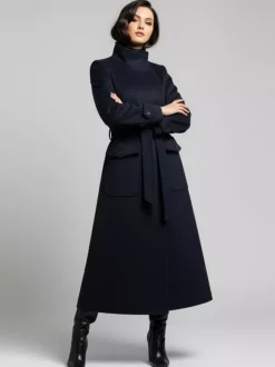 Manteau d'hiver long en laine à col montant et ceinture avec poches fonctionnelles pour femme 2026