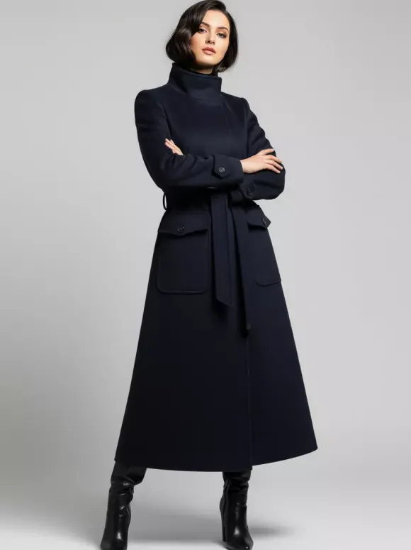 Manteau d'hiver long en laine à col montant et ceinture avec poches fonctionnelles pour femme 2026