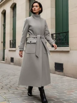 Manteau d'hiver long en laine à col montant et ceinture avec poches fonctionnelles pour femme 2026