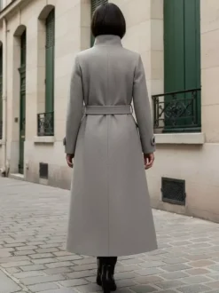 Manteau d'hiver long en laine à col montant et ceinture avec poches fonctionnelles pour femme 2026