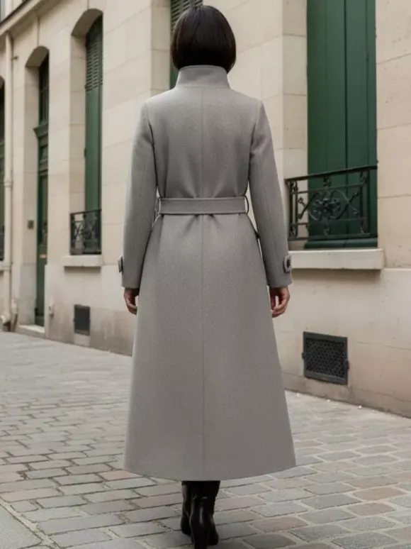 Manteau d'hiver long en laine à col montant et ceinture avec poches fonctionnelles pour femme 2026