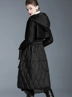 Manteau d'hiver noir à capuche avec ceinture pour femme