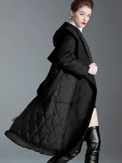 Manteau d'hiver noir à capuche avec ceinture pour femme