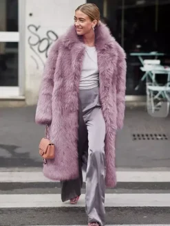 Manteau en fausse fourrure avec revers crantés couleur unie veste longue d'hiver écologique pour femme 2026