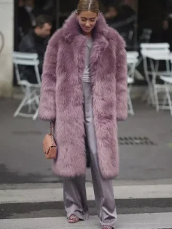 Manteau en fausse fourrure avec revers crantés couleur unie veste longue d'hiver écologique pour femme 2026