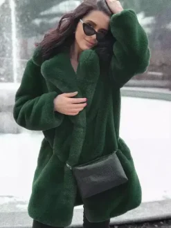 Manteau en fausse fourrure à revers crantés Veste longue chic et écologique pour femme 2026