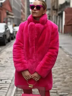 Manteau en fausse fourrure à revers crantés Veste longue chic et écologique pour femme 2026