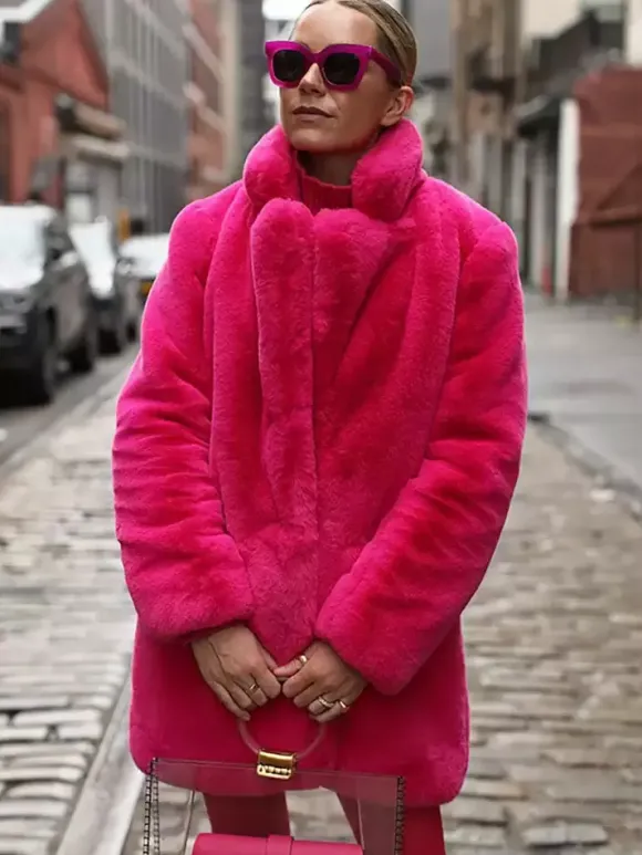 Manteau en fausse fourrure à revers crantés Veste longue chic et écologique pour femme 2026