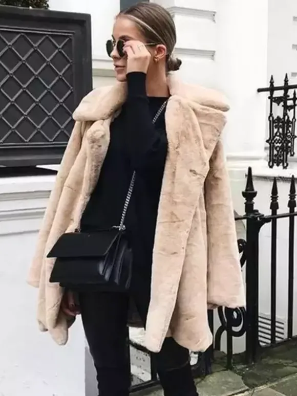 Manteau en fausse fourrure à revers crantés Veste longue chic et écologique pour femme 2026