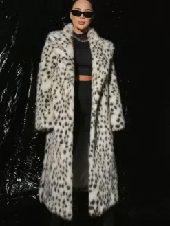 Manteau en fausse fourrure imprimé léopard veste longue surdimensionnée à revers et ceinture pour l'hiver 2026