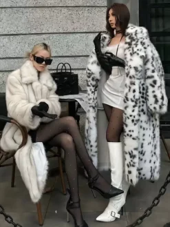 Manteau en fausse fourrure imprimé léopard veste longue surdimensionnée à revers et ceinture pour l'hiver 2026
