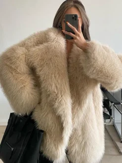 Manteau en fausse fourrure à revers cranté veste d'hiver écologique de couleur unie pour femmes 2026