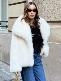 Manteau En Fausse Fourrure À Revers Chic Veste Blanche D'hiver