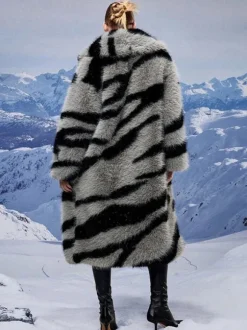 Manteau en fausse fourrure à imprimé zèbre col rabattu veste longue surdimensionnée et écologique pour femme 2026