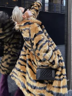 Manteau en fausse fourrure imprimé tigre hiver midi manteau en fourrure écologique pour femme 2026