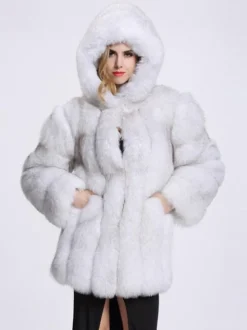 Manteau en fausse fourrure en peluche avec capuche Veste mi-longue en fourrure écologique d'hiver pour femme 2026