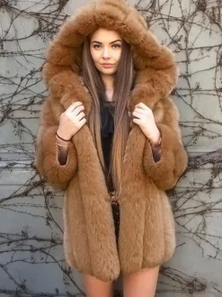 Manteau en fausse fourrure en peluche avec capuche Veste mi-longue en fourrure écologique d'hiver pour femme 2026