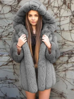 Manteau en fausse fourrure en peluche avec capuche Veste mi-longue en fourrure écologique d'hiver pour femme 2026