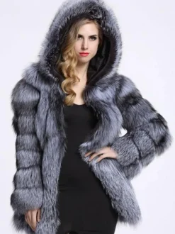 Manteau en fausse fourrure en peluche avec capuche Veste mi-longue en fourrure écologique d'hiver pour femme 2026