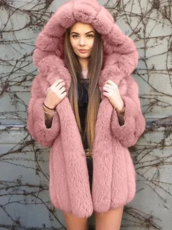 Manteau en fausse fourrure en peluche avec capuche Veste mi-longue en fourrure écologique d'hiver pour femme 2026