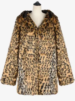 Manteau En Fausse Fourrure Léopard Homme Manches Longues Chaud Hiver Col Rabattu Capuche